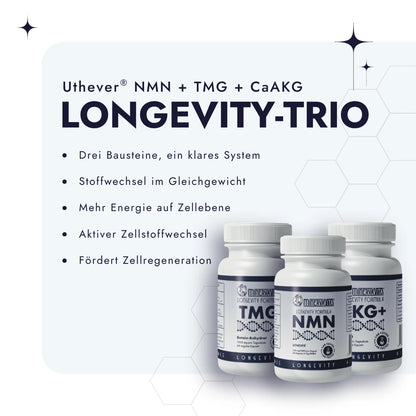 Longevity-Trio vor weißem Hintergrund mit Bulletpoints