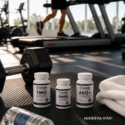 Minerva-Vita Longevity-Trio aus NMN, TMG und Ca-AKG im Fitnessstudio neben Hantel und Handtuch.