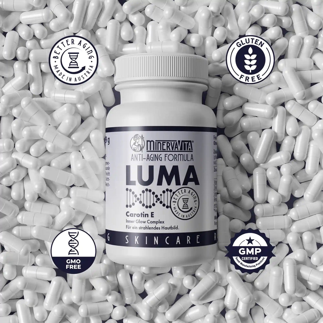 Detailansicht der Luma-Carotin-E-Kapseln von Minerva-Vita