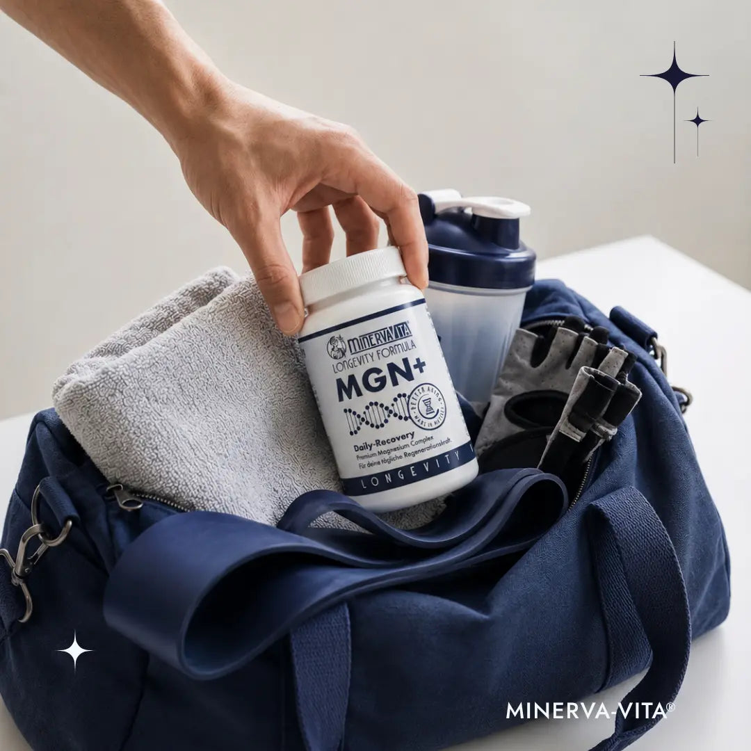Minerva-Vita MGN+ Magnesium Komplex Kapseln auf einer Sporttasche neben Handtuch und Trinkflasche.