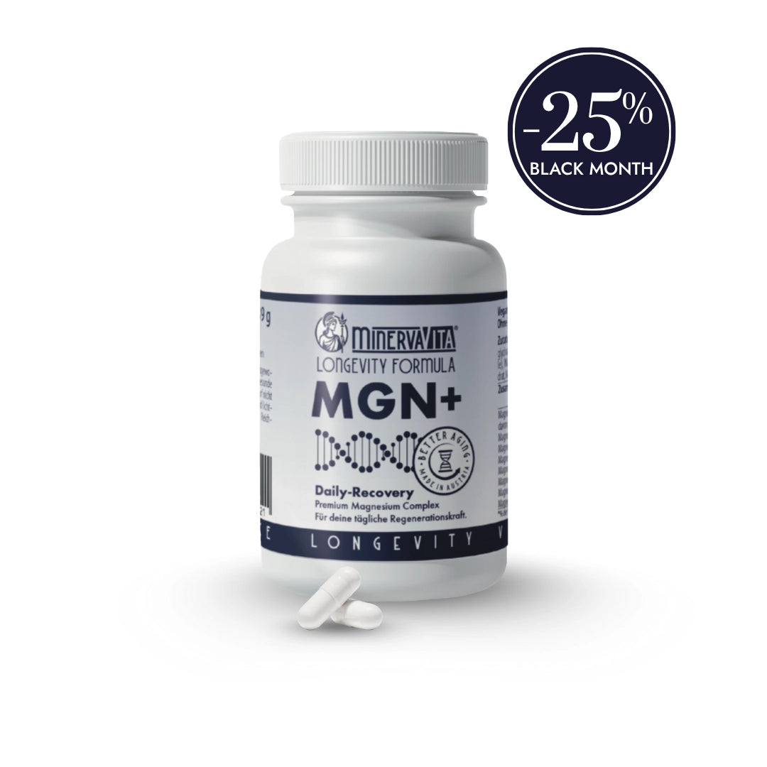 MGN+ Magnesium Komplex von Minerva-Vita – Longevity Supplement zur täglichen Regeneration, Muskelentspannung und besseren Schlafqualität. Im Black Month mit 25 % Rabatt.