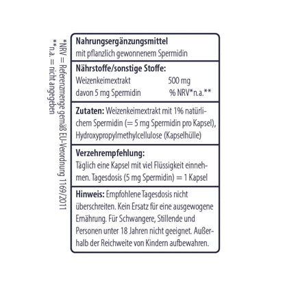 Inhaltsangabe von Spermidin Kapseln mit 5 mg - Minerva-Vita