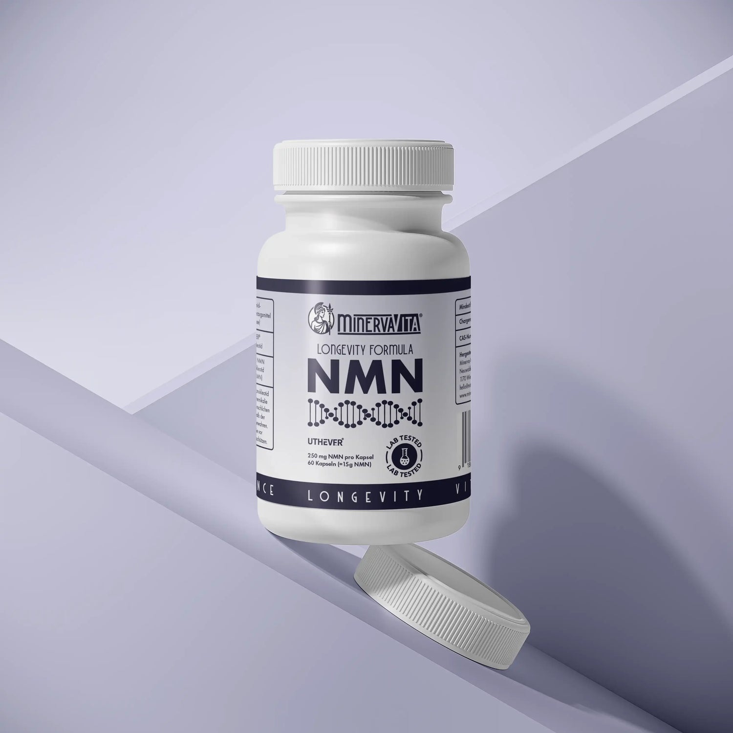 Produktfoto von NMN Kapseln vor einem violetten Hintergrund