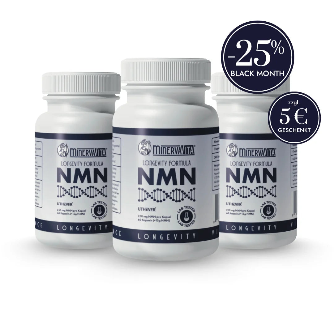 Minerva-Vita NMN 3er-Set mit -25 % Black-Month-Rabatt und zusätzlich 5 € Gutschein – hochwertiges Uthever® NMN zur Unterstützung von Energie, Zellgesundheit und Regeneration.