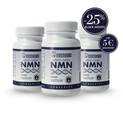 Minerva-Vita NMN 3er-Set mit -25 % Black-Month-Rabatt und zusätzlich 5 € Gutschein – hochwertiges Uthever® NMN zur Unterstützung von Energie, Zellgesundheit und Regeneration.