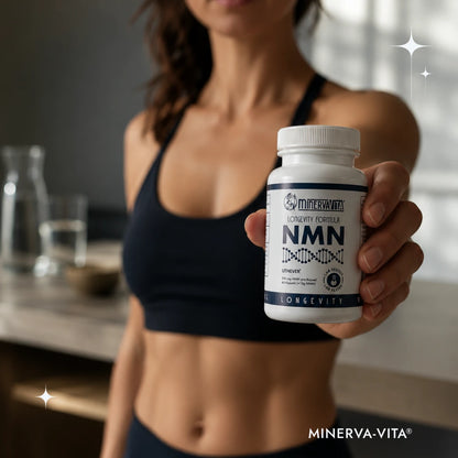 Sportliche Frau präsentiert Minerva-Vita Uthever® NMN Kapseln aus dem NMN 3er-Set.