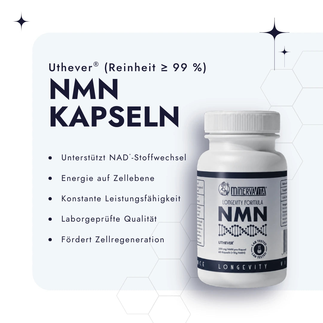 Minerva-Vita Uthever® NMN Kapseln mit mindestens 99 % Reinheit und Übersicht der wichtigsten Produkteigenschaften.