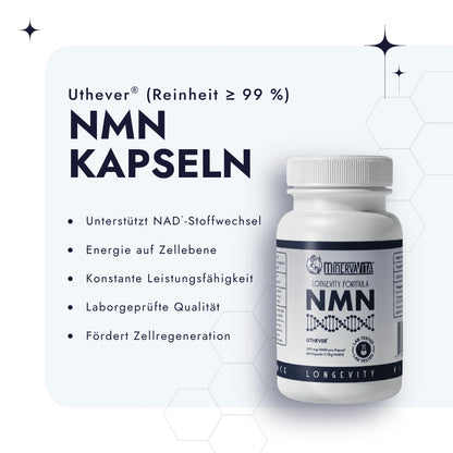 Minerva-Vita Uthever® NMN Kapseln mit mindestens 99 % Reinheit und Übersicht der wichtigsten Produkteigenschaften.