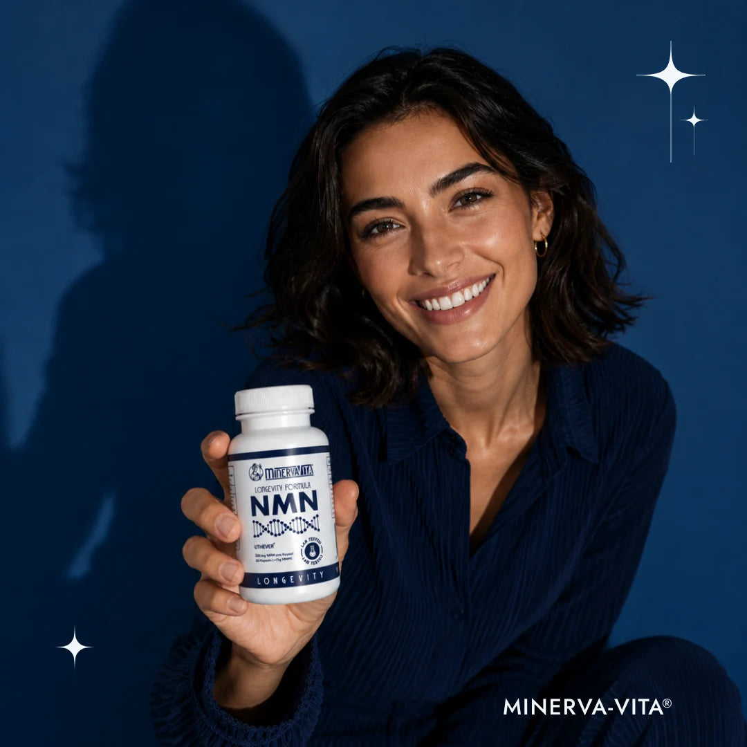 Frau präsentiert eine Dose Minerva-Vita Uthever® NMN Kapseln vor dunkelblauem Hintergrund.