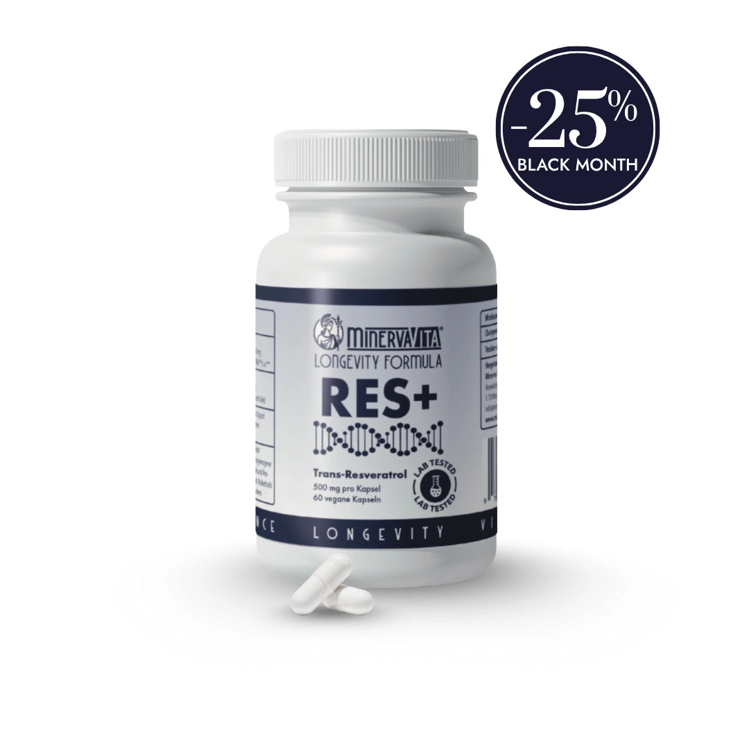 RES+ Trans-Resveratrol Kapseln von Minerva-Vita – Antioxidatives Longevity Supplement zur Unterstützung von Zellschutz, Energie und Hautgesundheit. Im Black Month mit 25 % Rabatt.
