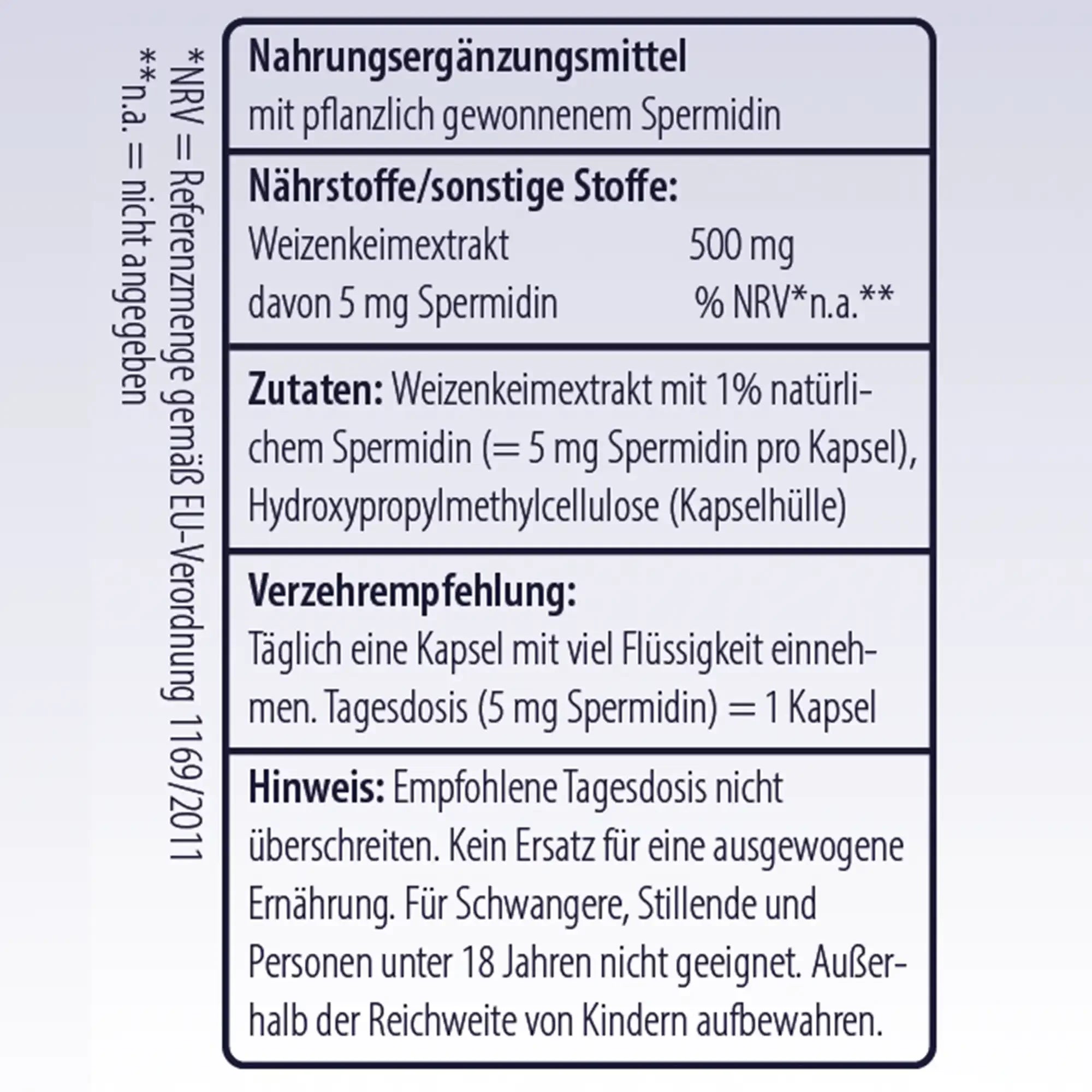 Inhaltsangabe von Spermidin Kapseln mit 5 mg - Minerva-Vita