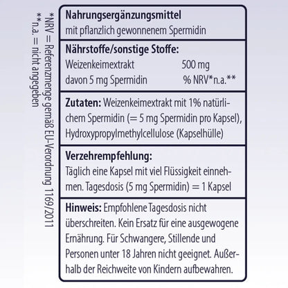 Inhaltsangabe von Spermidin Kapseln mit 5 mg - Minerva-Vita