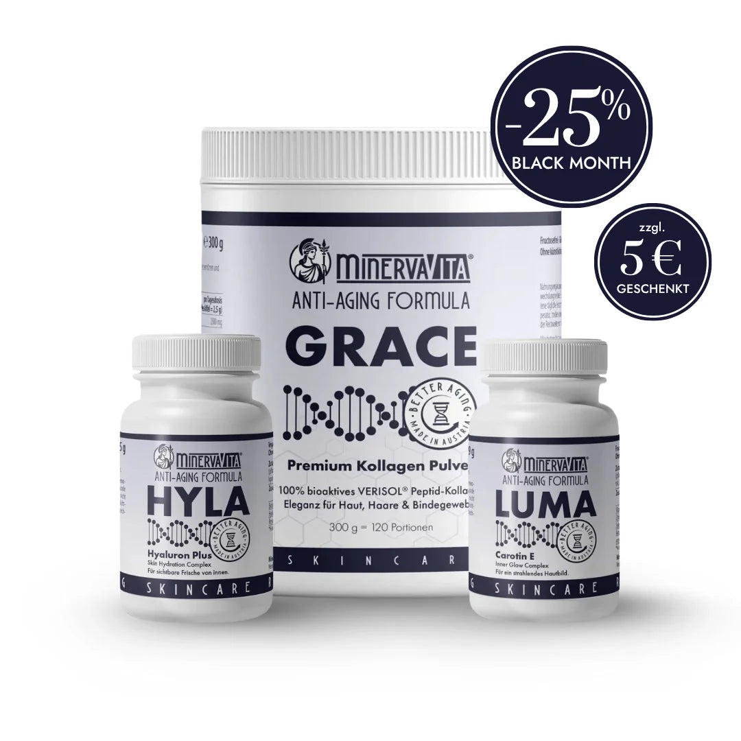 Minerva-Vita Skingevity-Trio mit Grace Kollagenpulver, Hyla Hyaluron-Komplex und Luma Carotin-E-Kapseln – im Black Month mit -25 % Rabatt plus 5 € Geschenk. Fördert Hautelastizität, Feuchtigkeit und natürlichen Glow von innen.