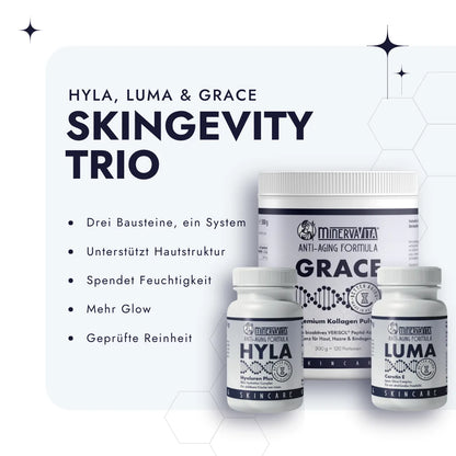 Das Skingevity-Trio im Set vor weißem Hintergrund neben Bulletpoints