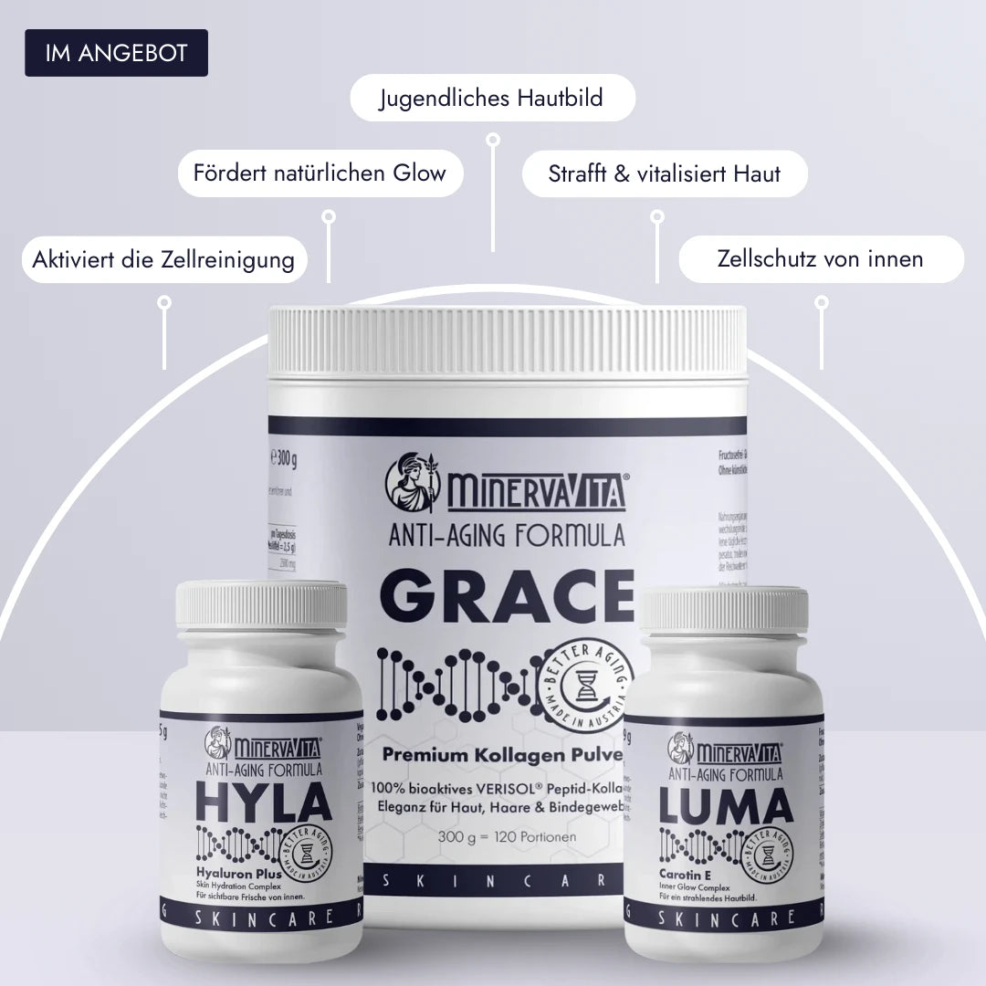 Minerva-Vita Skincare: GRACE Kollagenpulver (VERISOL®), HYLA Hyaluron &amp; LUMA Carotin E – für jugendliches Hautbild, Straffung, Glow und Zellschutz.