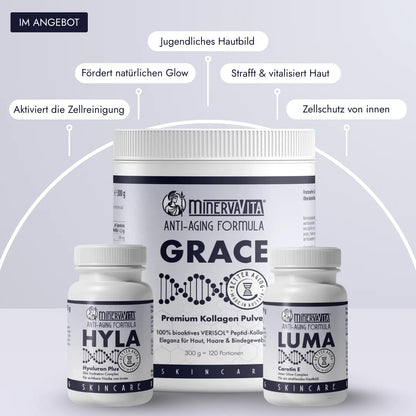 Minerva-Vita Skincare: GRACE Kollagenpulver (VERISOL®), HYLA Hyaluron &amp; LUMA Carotin E – für jugendliches Hautbild, Straffung, Glow und Zellschutz.