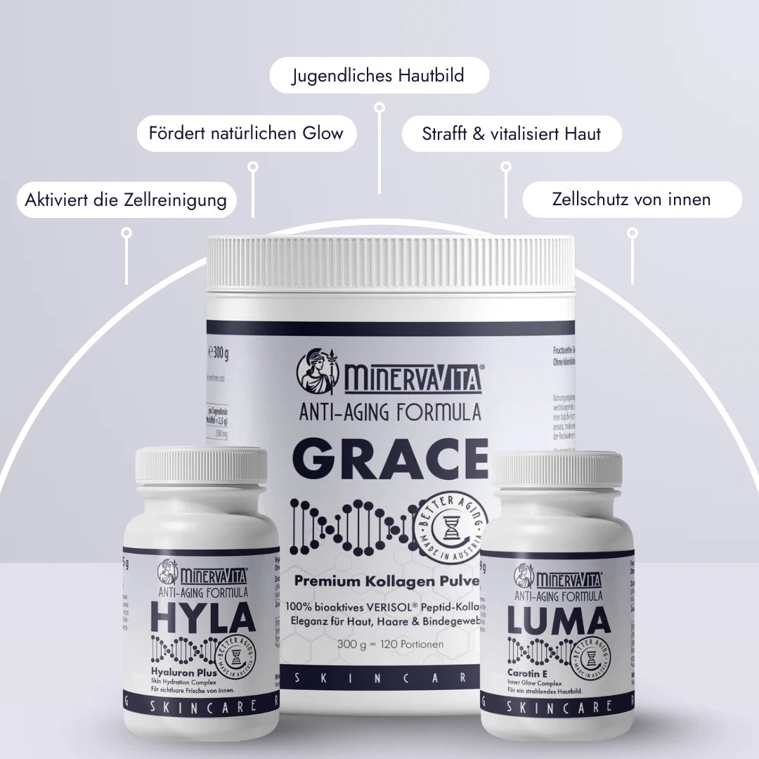 Skingevity-Trio von Minerva-Vita: Grace Kollagenpulver, Hyla Hyaluron und Luma Carotin E – Anti-Aging-Supplements für Haut, Elastizität, Feuchtigkeit und natürlichen Glow.