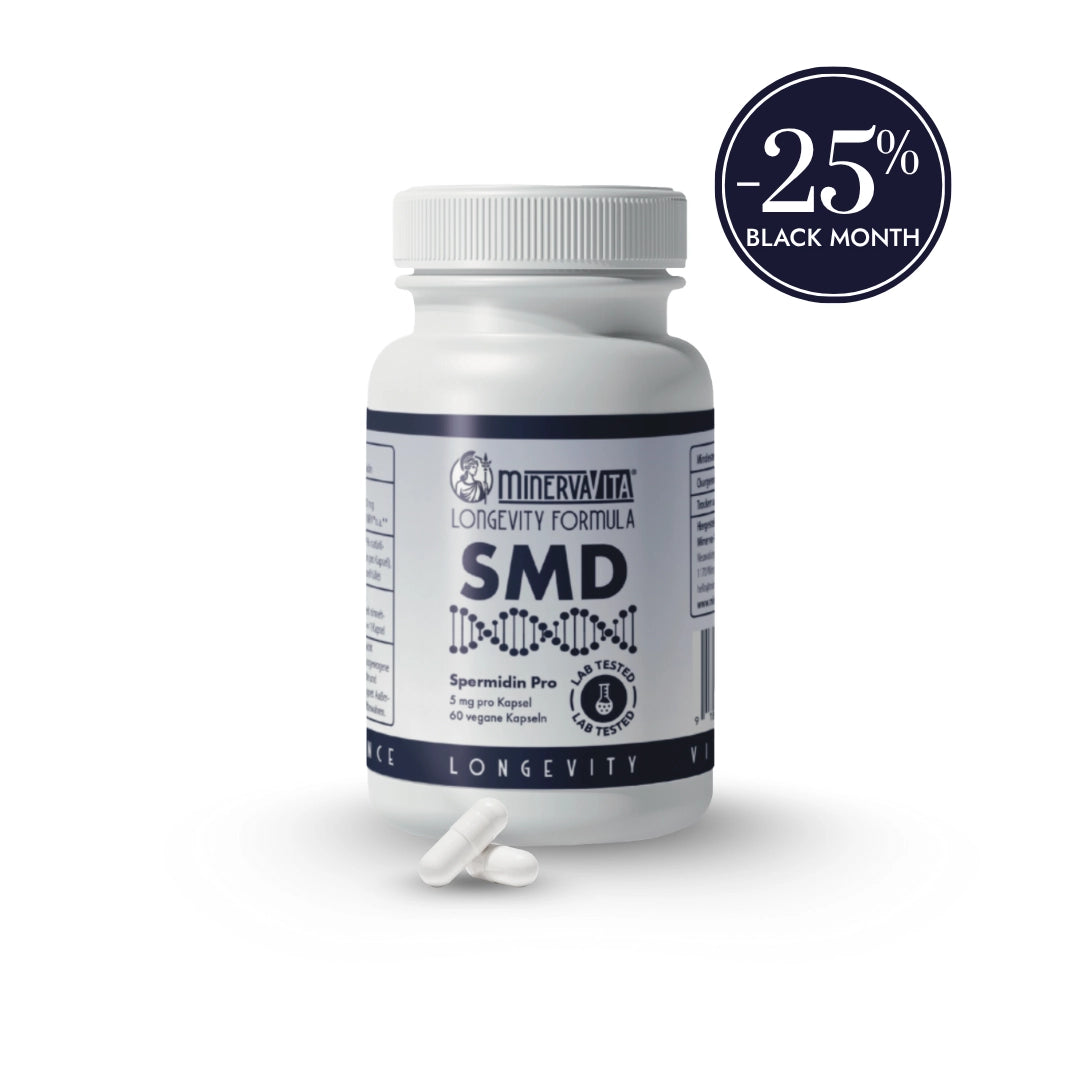 Spermidin PRO Kapseln von Minerva-Vita – Longevity Supplement zur Förderung von Autophagie, Zellreinigung und gesunder Zellalterung. Im Black Month mit 25 % Rabatt.