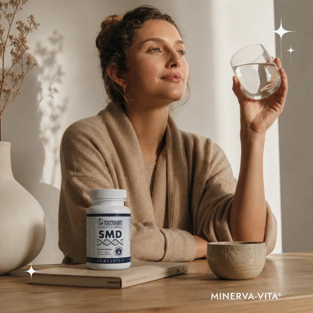 Frau hält ein Glas Wasser neben Minerva-Vita SMD Spermidin Pro Kapseln auf einem Tisch.