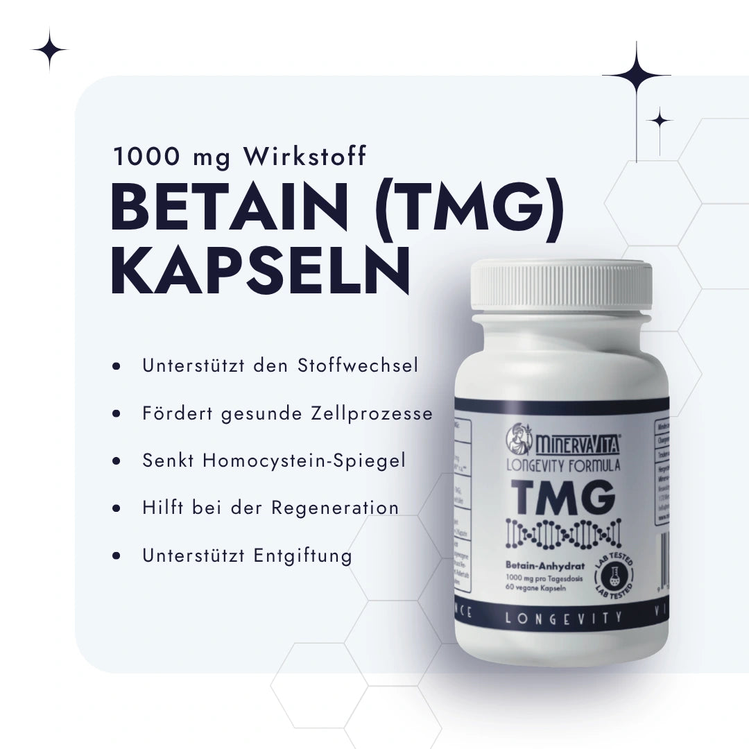 TMG Kapsel Dose vor weißem Hintergrund mit Bulletpoints