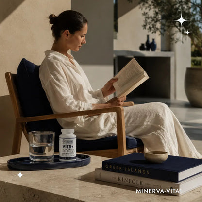 Frau liest entspannt ein Buch, während Minerva-Vita VITB+ Vitamin-B-Komplex und ein Glas Wasser auf dem Tisch stehen.