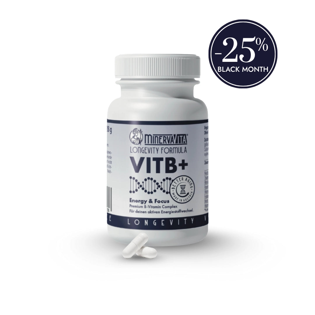 VITB+ B-Vitamin Komplex von Minerva-Vita – Premium Longevity Supplement für Energie, Nervenstärke und mentalen Fokus. Im Black Month mit 25 % Rabatt.