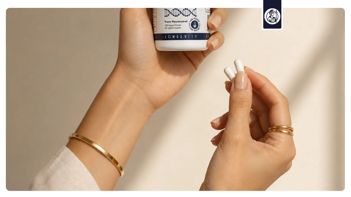Minerva-Vita Longevity Supplement Kapseln in der Hand als Symbol für geprüfte Qualität und transparente Produktstandards