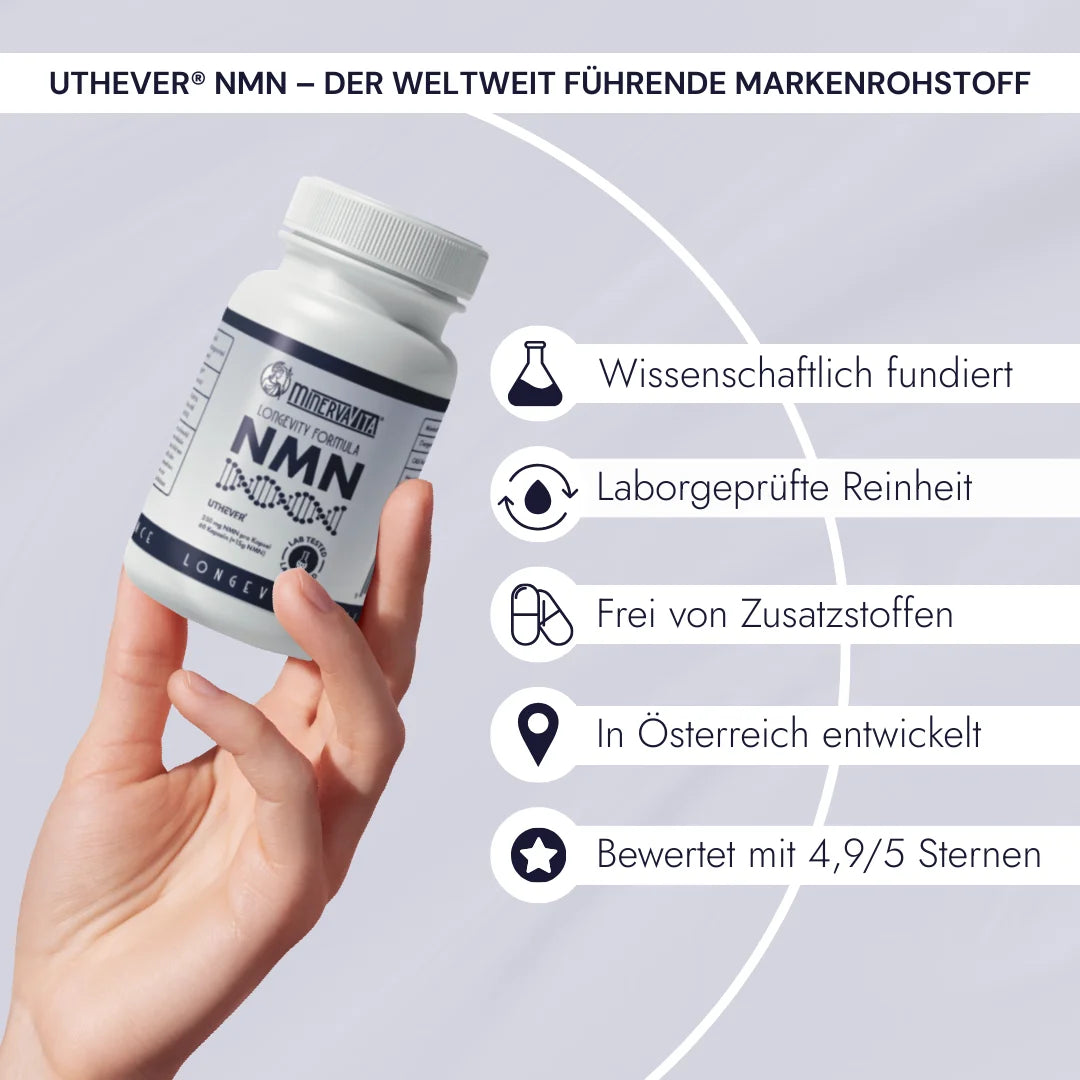 NMN Kapseln von Minerva-Vita mit Uthever® Markenrohstoff – wissenschaftlich fundiert, laborgeprüfte Reinheit, frei von Zusatzstoffen, in Österreich entwickelt, bewertet mit 4,9 von 5 Sternen.