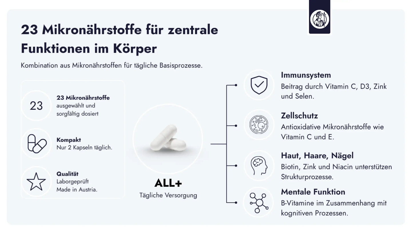 Die Kombination aus Vitaminen, Mineralstoffen und Spurenelementen unterstützt zentrale Funktionen wie Immunsystem, Zellschutz und mentale Prozesse.