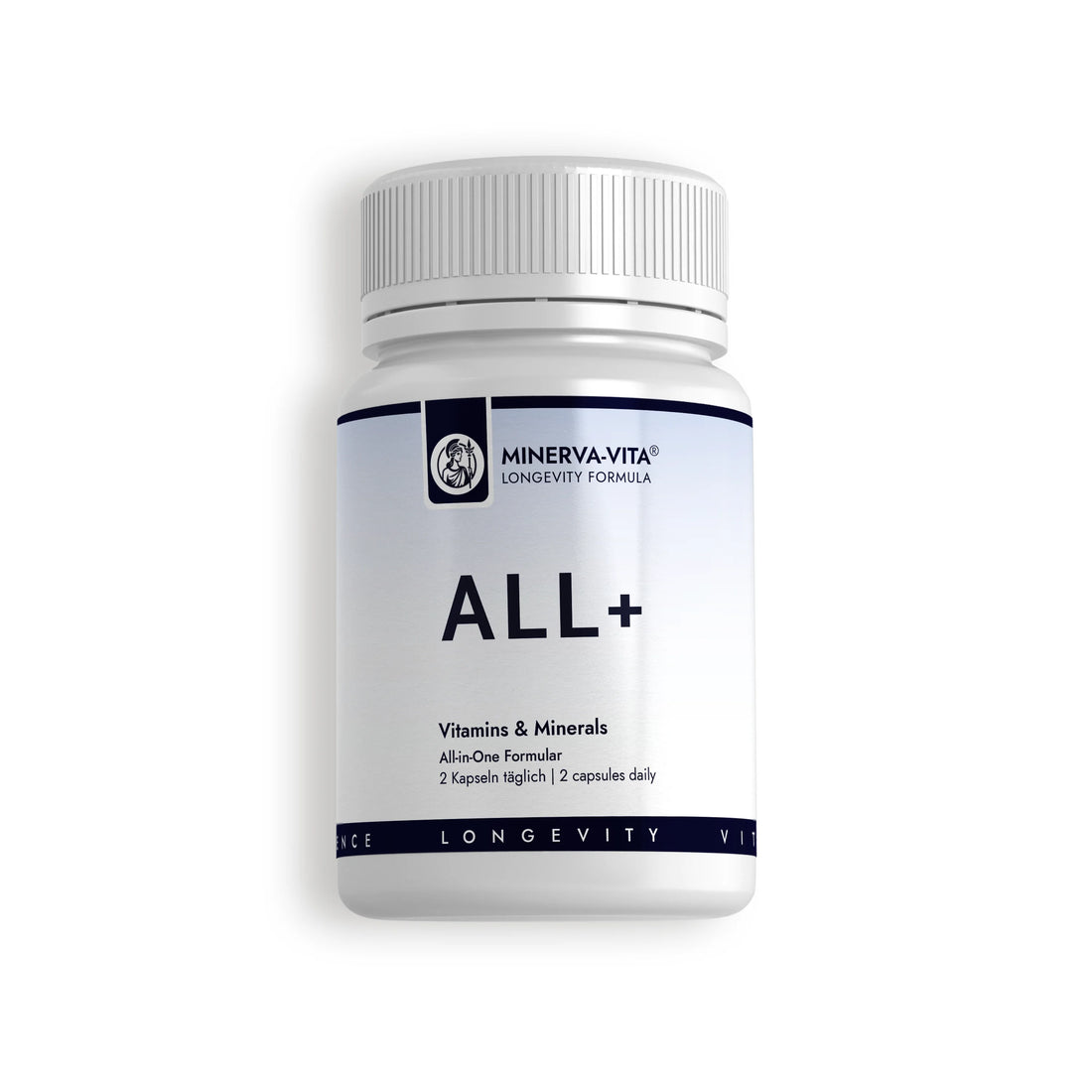 Minerva-Vita ALL+ All-in-One Multivitamin mit Vitaminen und Mineralstoffen – weiße Produktdose mit dunkelblauem Etikett in Vorderansicht.