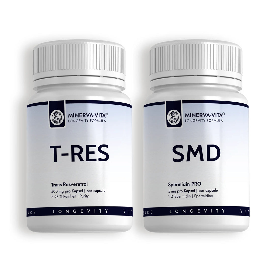 Minerva-Vita Autophagie-Duo mit Spermidin PRO 5 mg und Trans-Resveratrol 500 mg – zwei Produktdosen nebeneinander auf weißem Hintergrund.