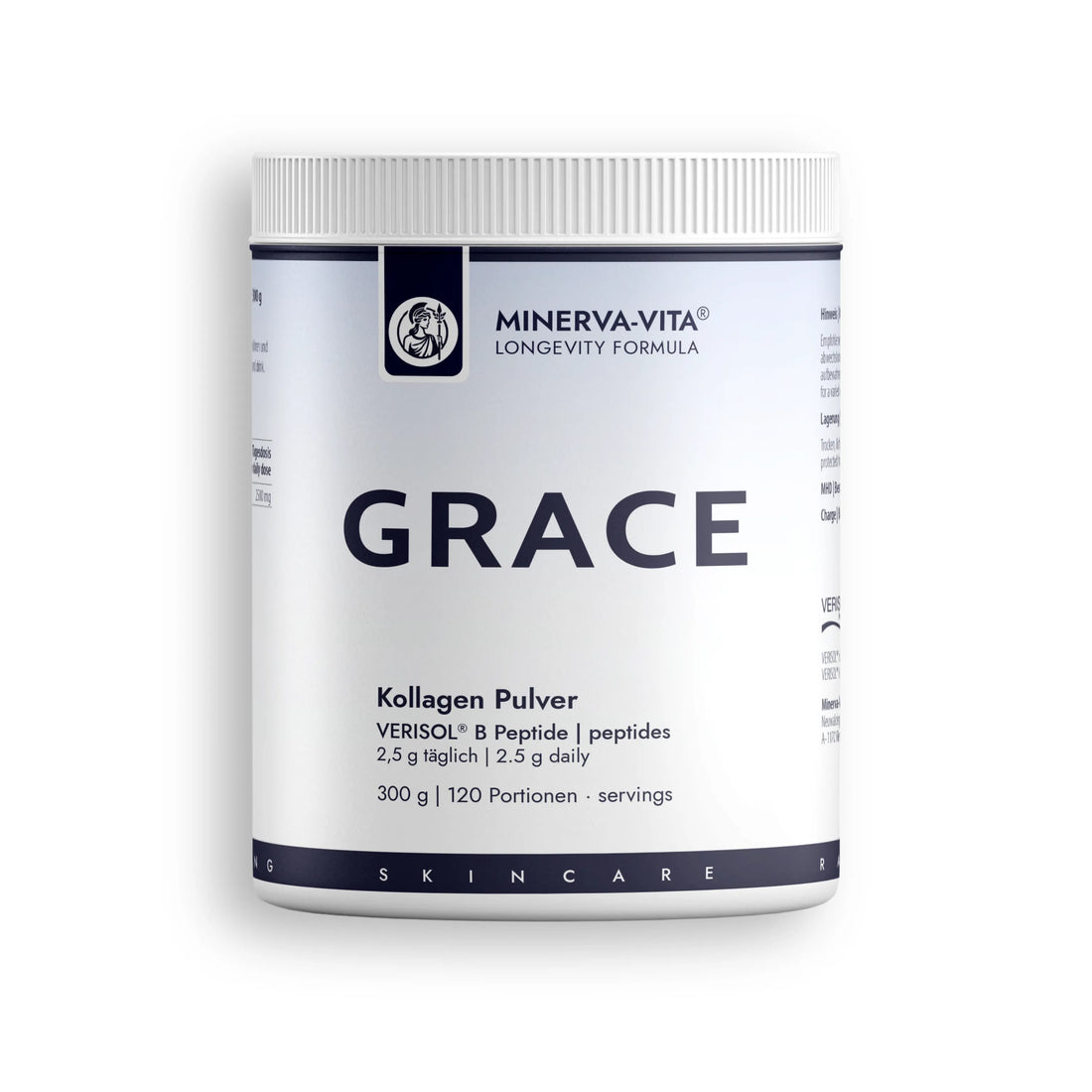 Minerva-Vita GRACE Kollagen Pulver mit VERISOL® B Peptiden – 300-g-Dose mit 120 Portionen in frontaler Produktansicht.