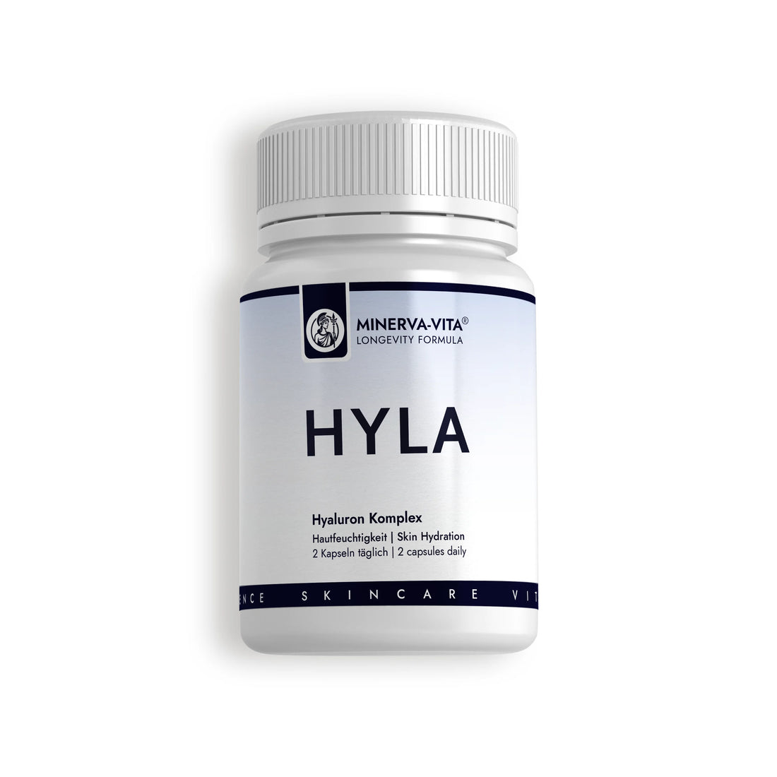 Minerva-Vita HYLA Hyaluron Komplex mit Hyaluronsäure, Biotin und Resveratrol – weiße Kapseldose der Skingevity-Serie in Vorderansicht.
