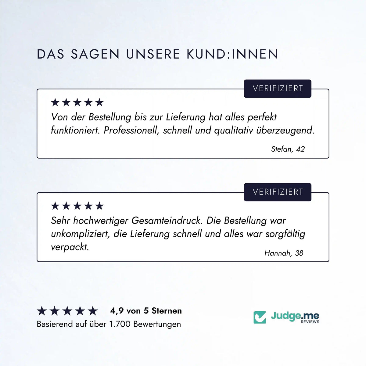 Minerva-Vita Kundenbewertungen mit zwei verifizierten 5-Sterne-Erfahrungsberichten zu Bestellung, Lieferung und Qualität sowie Judge.me Gesamtbewertung von 4,9/5 Sternen.