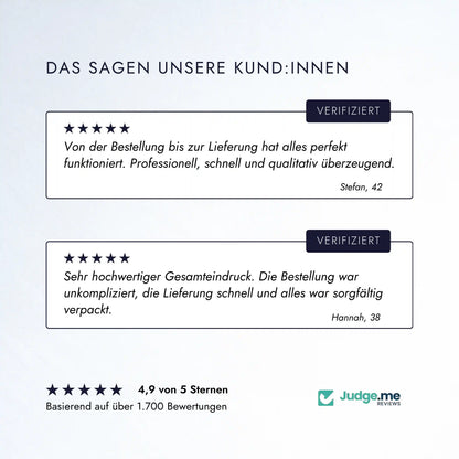 Minerva-Vita Kundenbewertungen mit zwei verifizierten 5-Sterne-Erfahrungsberichten zu Bestellung, Lieferung und Qualität sowie Judge.me Gesamtbewertung von 4,9/5 Sternen.
