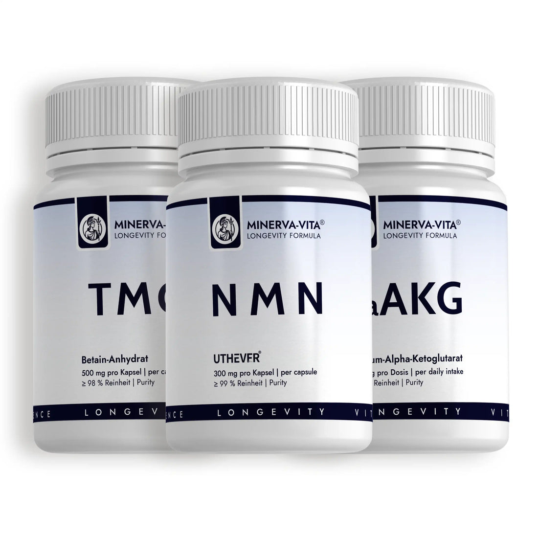 Minerva-Vita Longevity-Trio mit Calcium-Alpha-Ketoglutarat, Uthever® NMN und TMG Betain – drei Produktdosen nebeneinander in Vorderansicht.