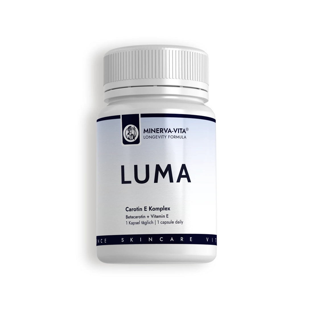 Minerva-Vita LUMA Carotin E Komplex mit Beta-Carotin, Vitamin E, Zink und Selen – Produktdose der Skingevity-Serie auf weißem Hintergrund.