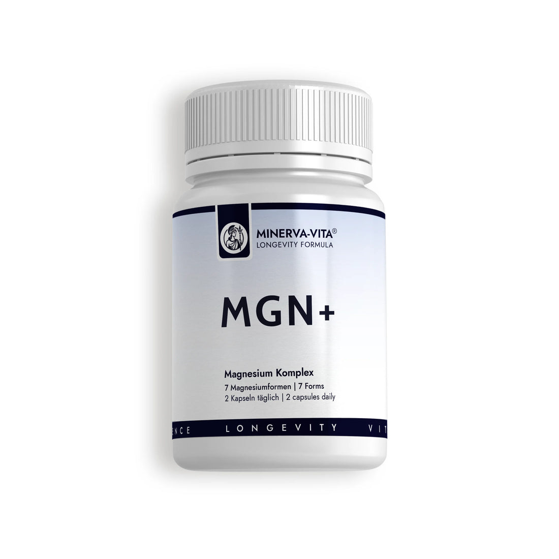Minerva-Vita MGN+ Magnesium Komplex mit sieben Magnesiumformen und 300 mg Magnesium pro Tagesdosis – Kapseldose in Vorderansicht.