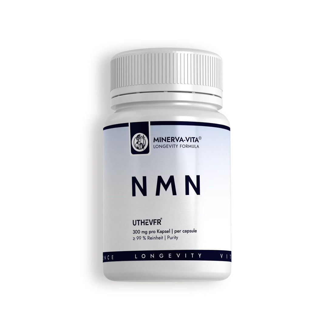 Minerva-Vita NMN Uthever® mit 300 mg β-Nicotinamid-Mononukleotid pro Kapsel – weiße Dose mit Reinheitsangabe in Vorderansicht.
