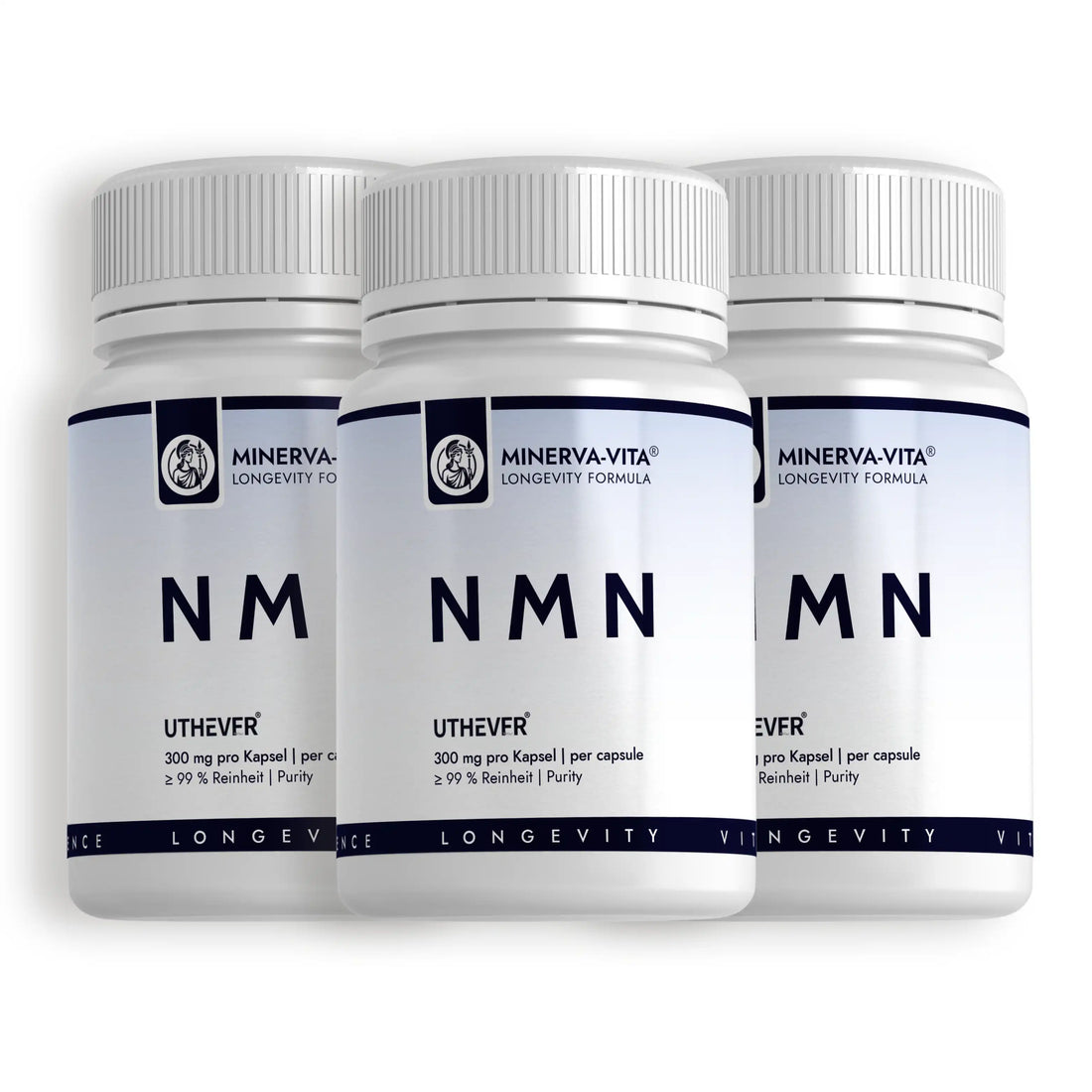 Minerva-Vita NMN Uthever® 3er-Pack mit drei Dosen à 60 Kapseln und 300 mg NMN pro Kapsel – Vorratspackung mit drei Produktdosen.