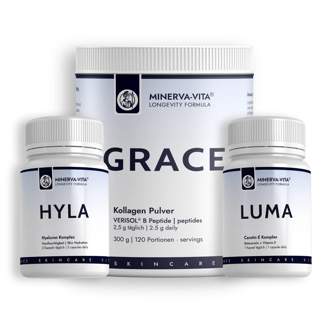 Minerva-Vita Skingevity-Trio mit GRACE VERISOL® Kollagen Pulver, HYLA Hyaluron Komplex und LUMA Carotin E Komplex – drei Produkte nebeneinander.