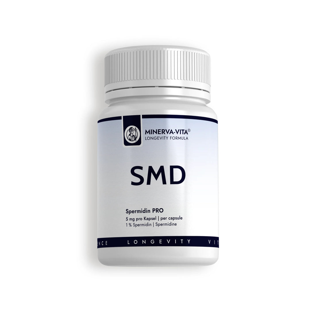 Minerva-Vita SMD Spermidin PRO aus Weizenkeimextrakt mit 5 mg Spermidin pro Kapsel – Produktdose in frontaler Ansicht.