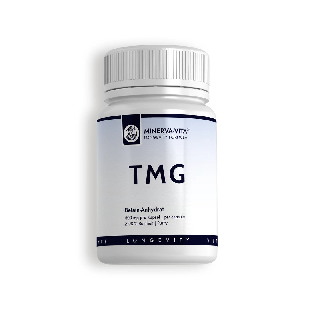 Minerva-Vita TMG Betain-Anhydrat mit 500 mg Trimethylglycin pro Kapsel und mindestens 98 % Reinheit – Produktdose auf weißem Hintergrund.