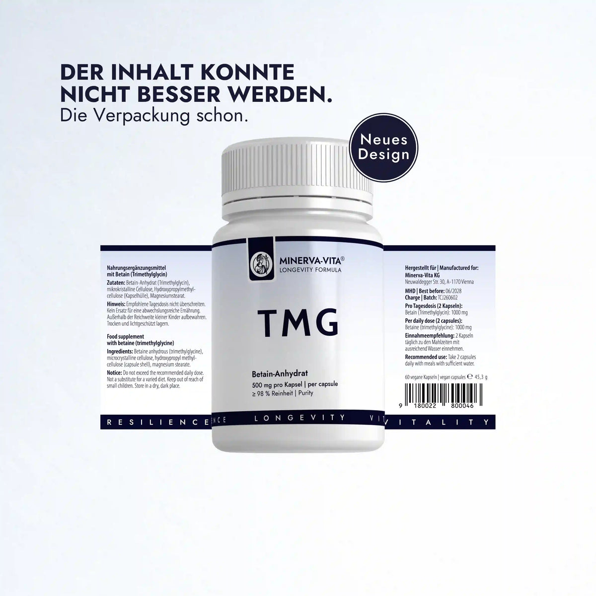 Minerva-Vita TMG Betain-Anhydrat mit 500 mg Trimethylglycin pro Kapsel und mindestens 98 % Reinheit – neues Verpackungsdesign mit Produktinformationen.