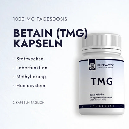 Minerva-Vita TMG Betain-Anhydrat mit 1000 mg pro Tagesdosis – Infografik zu Stoffwechsel, Leberfunktion, Methylierung und Homocystein.