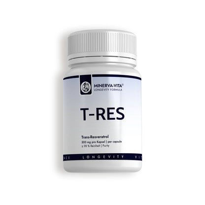 Minerva-Vita T-RES Trans-Resveratrol mit 500 mg pro Kapsel und mindestens 98 % Reinheit – Produktdose mit dunkelblauem Etikett.