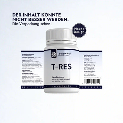Minerva-Vita T-RES Trans-Resveratrol mit 500 mg pro Kapsel und mindestens 98 % Reinheit – neues Verpackungsdesign mit Zutaten und Produktangaben.