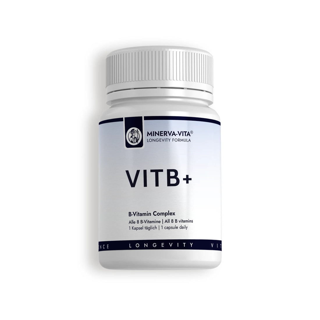 Minerva-Vita VITB+ B-Vitamin Komplex mit allen acht B-Vitaminen – weiße Kapseldose mit dunkelblauem Etikett in Vorderansicht.