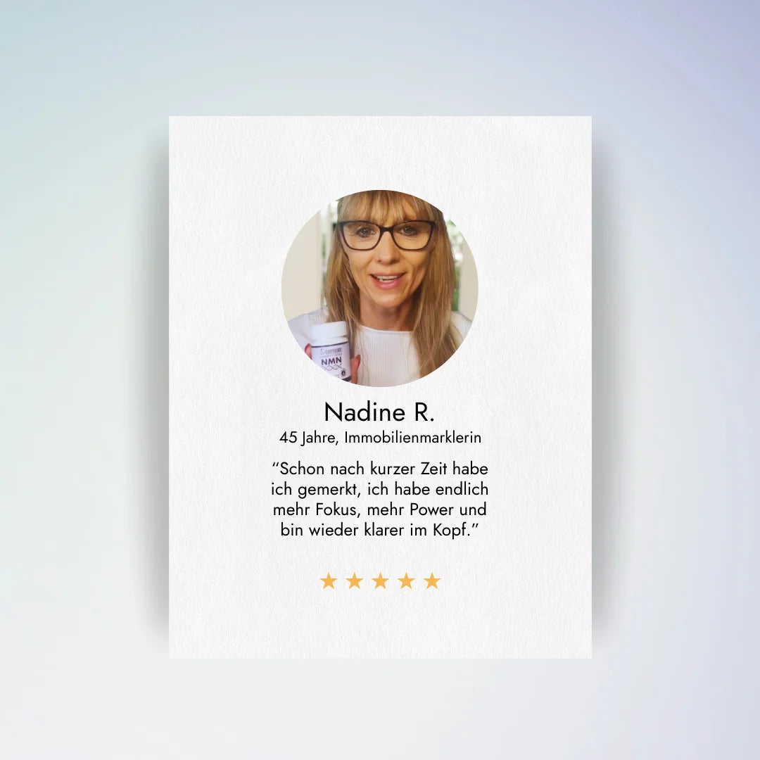 Kundenerfahrung mit Minerva-Vita NMN Kapseln – Anwenderin berichtet über mehr Fokus, Energie und mentale Klarheit nach kurzer Zeit