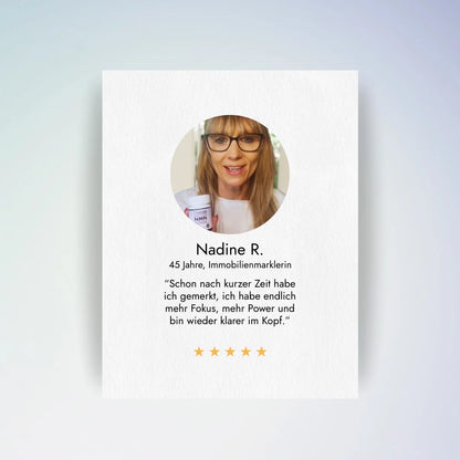 Kundenerfahrung mit Minerva-Vita NMN Kapseln – Anwenderin berichtet über mehr Fokus, Energie und mentale Klarheit nach kurzer Zeit